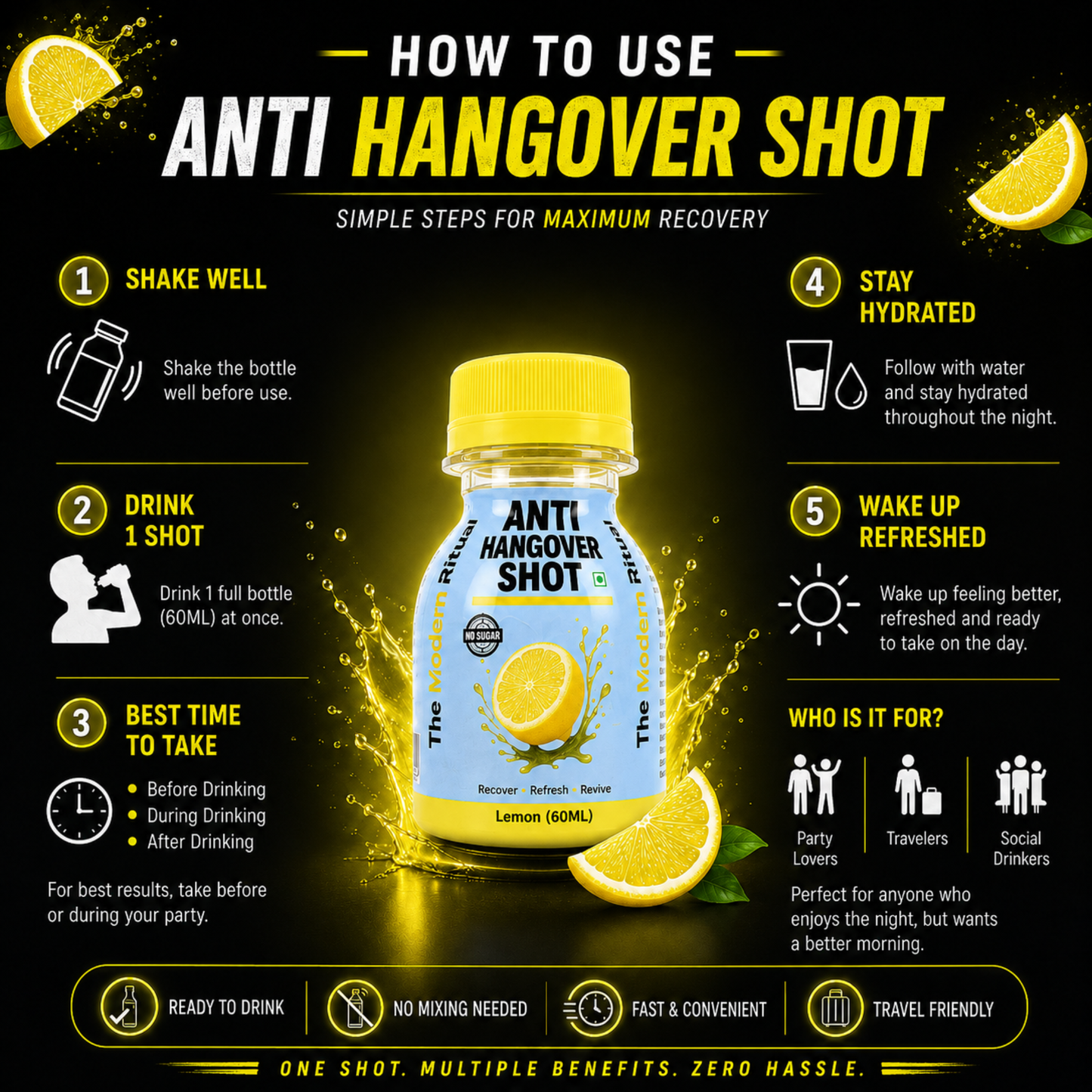 Anti Hangover Ready to Drink 60 ml Shots - Lemon Flavour